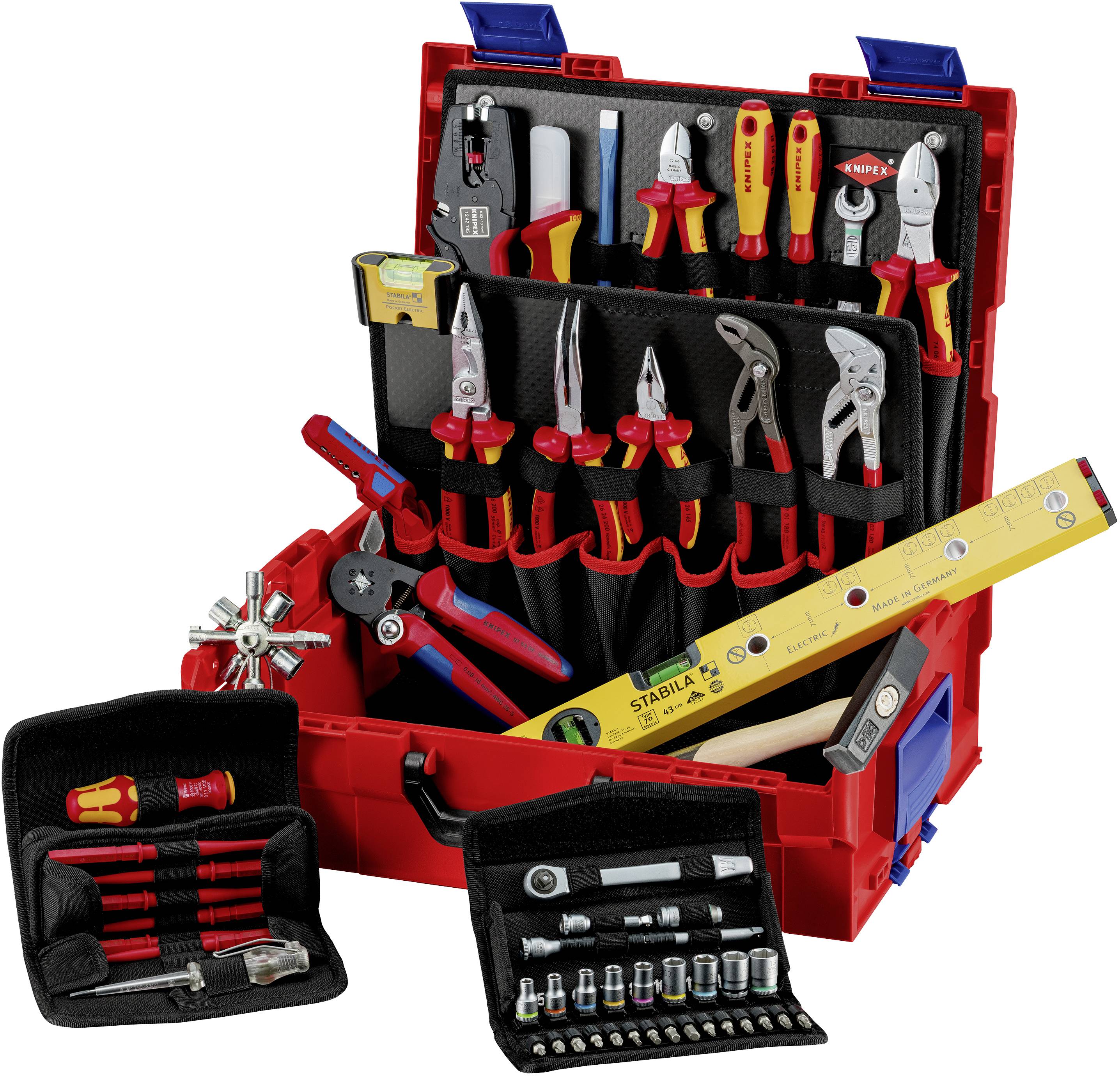 Red tool case with various hand tools such as pliers, screwdrivers, spanners, and measuring tape. Organised and ready to hand.