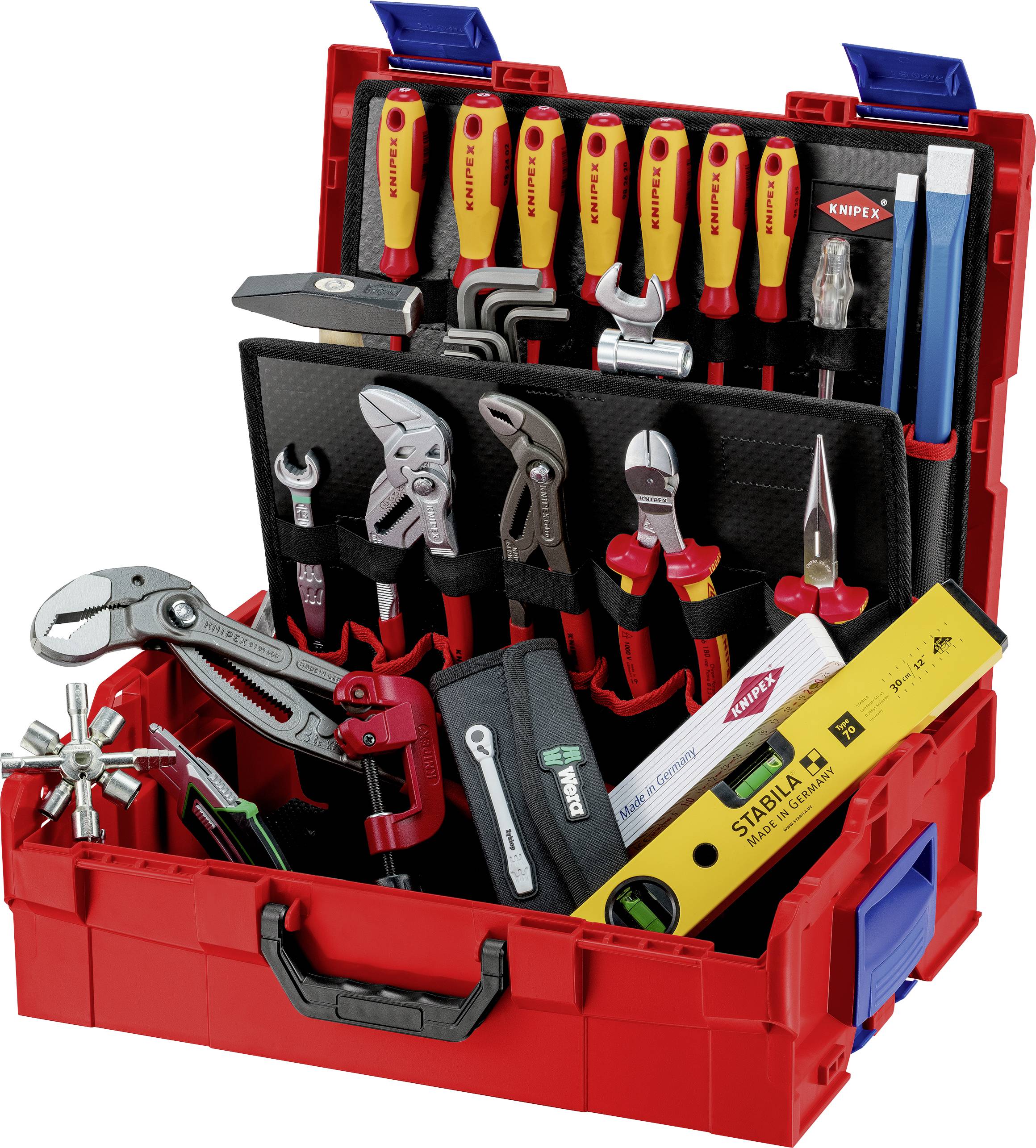A red toolbox with various hand tools such as screwdrivers, pliers, and a ruler, neatly arranged in compartments.