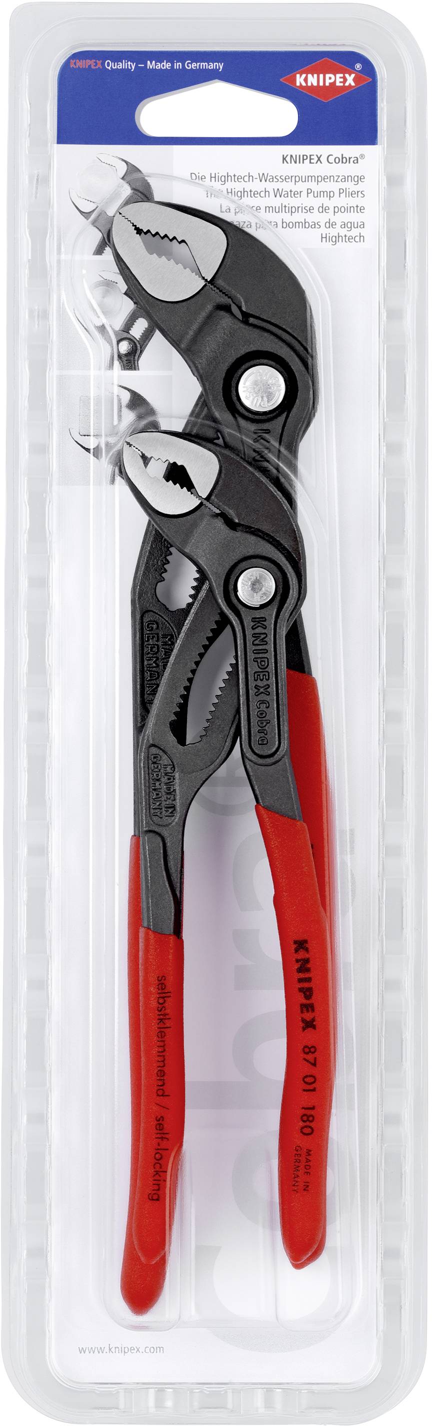 Two red KNIPEX Cobra water pump pliers in blister packaging. Suitable for plumbing and DIY work.
