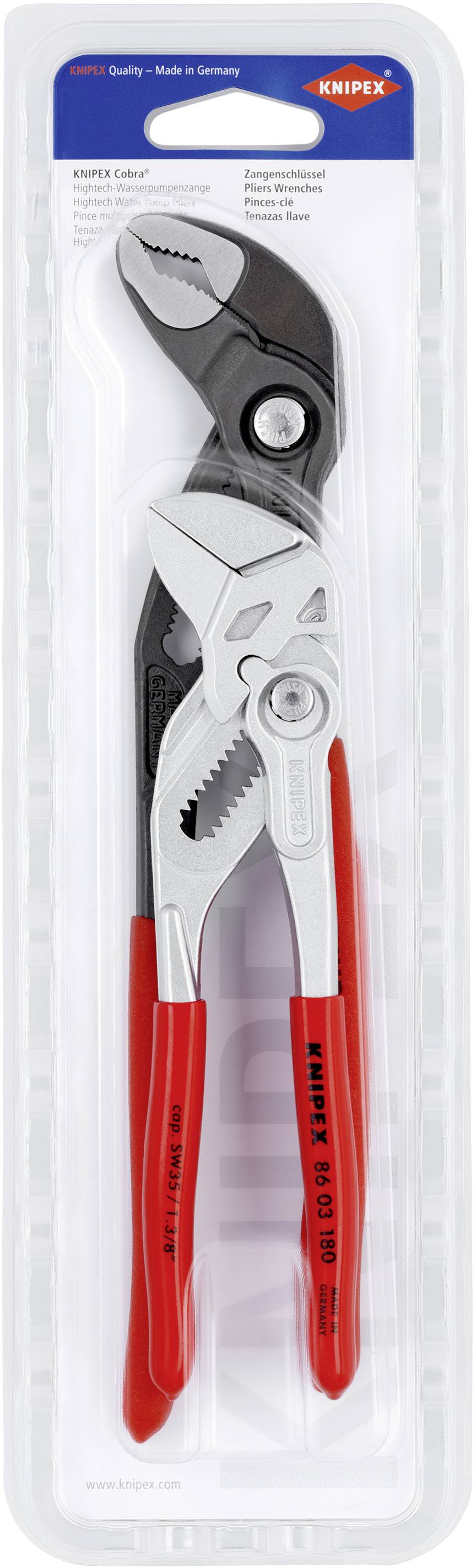 A packaged Knipex water pump pliers with red handles and an adjustable jaw mechanism.