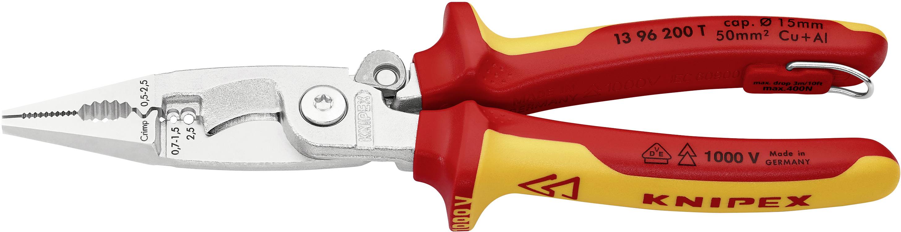 Red and yellow Knipex electronics pliers with insulation and markings for cable work and safety.