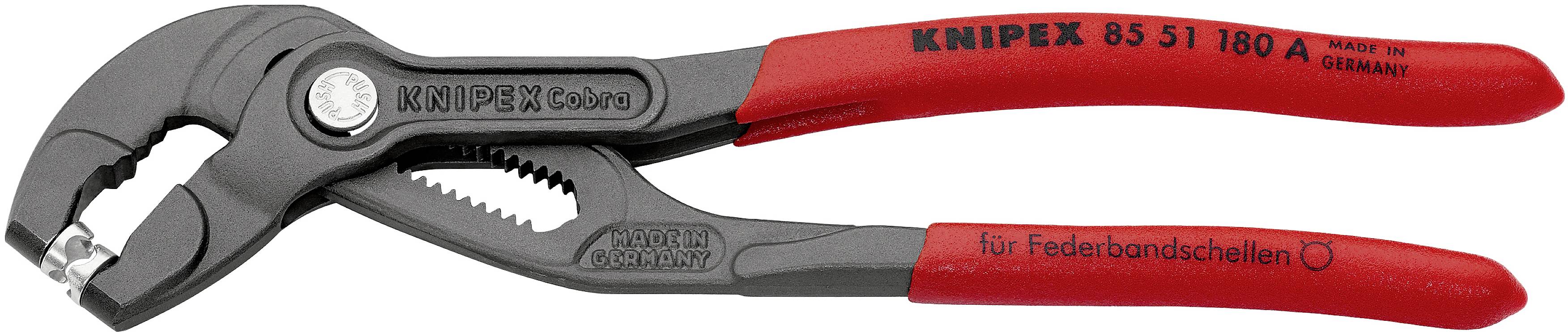 Pipe pliers with red handles, 'Knipex' brand name visible. Tool for handling spring clips. Made in Germany.