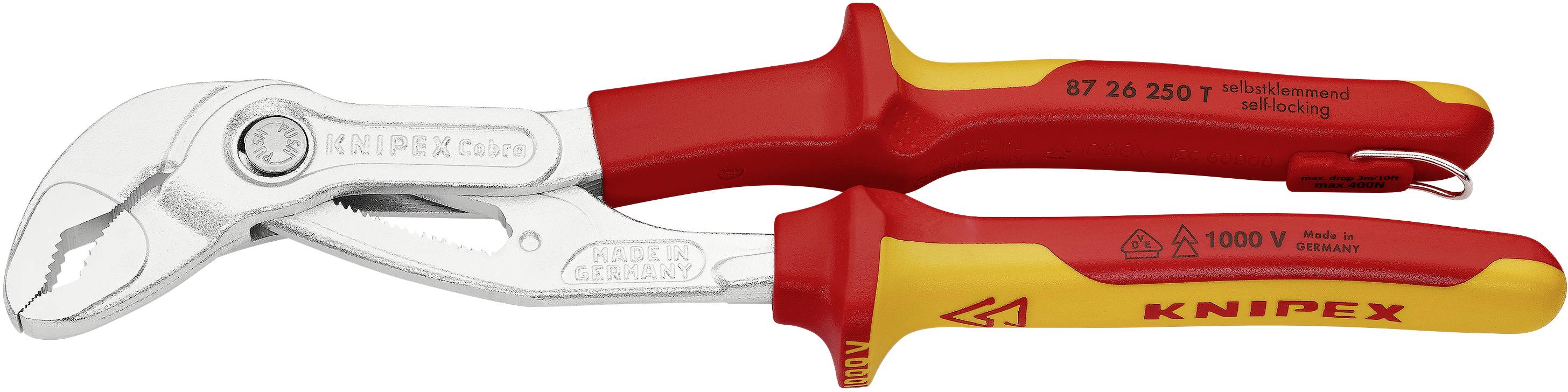 A red-yellow pliers with insulated handles for electrical work, marked as 'KNIPEX' and '1000 V' for voltage safety.