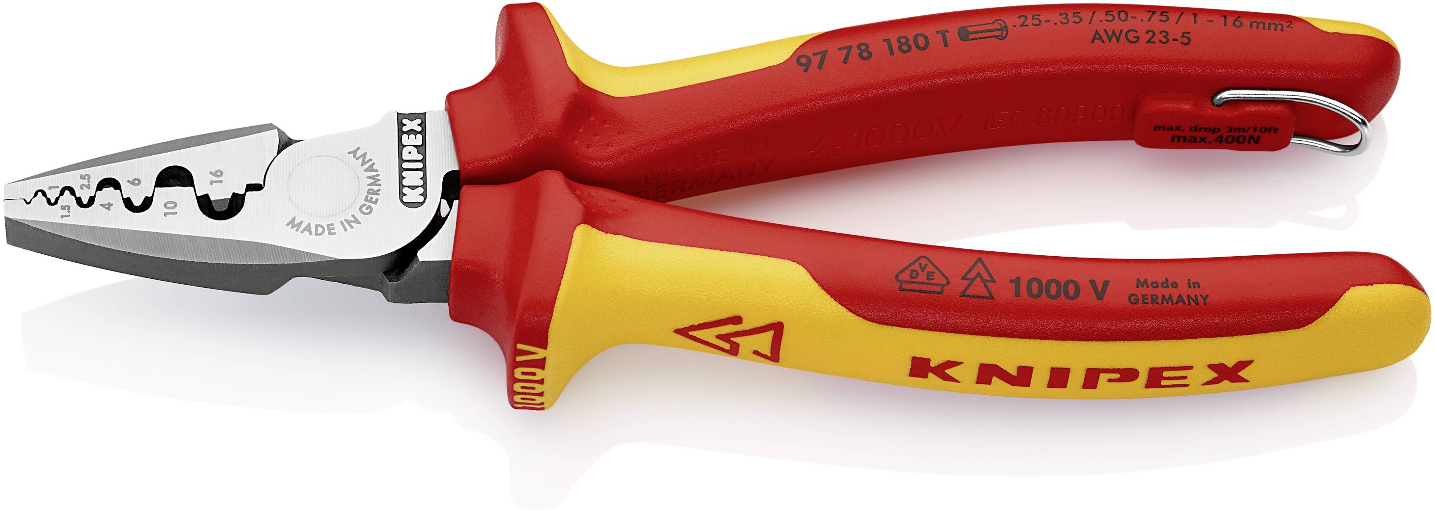 Red and yellow combination pliers with markings, suitable for electrical work up to 1000V, from the Knipex brand.