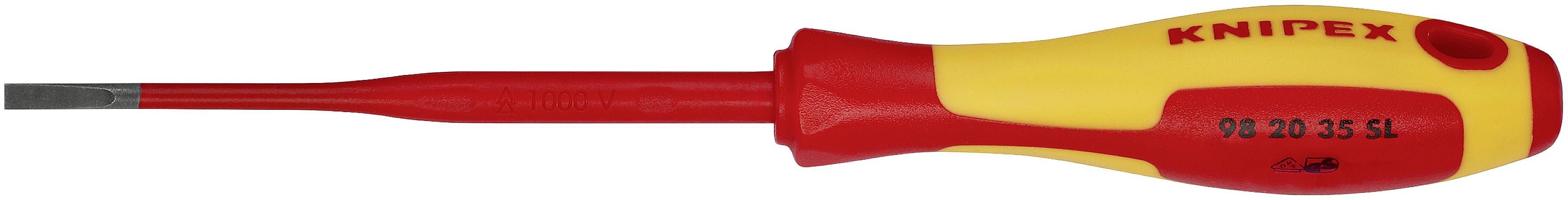 An insulated screwdriver with a multi-component handle and flat blade, suitable for electrical work.