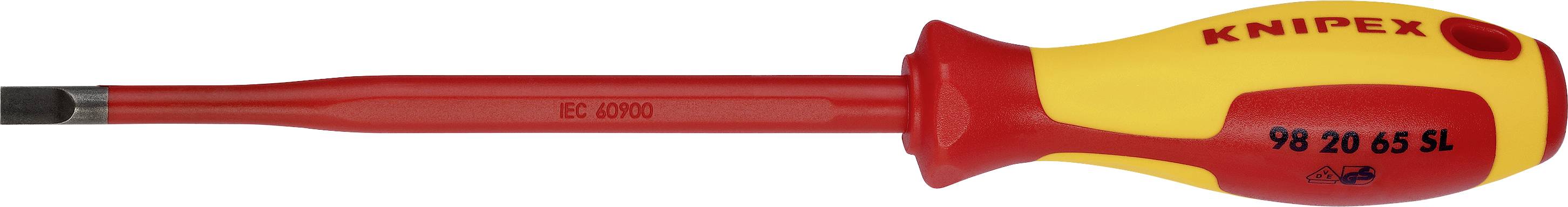 Insulated screwdriver by Knipex with red and yellow handle. Suitable for work on electrical systems.