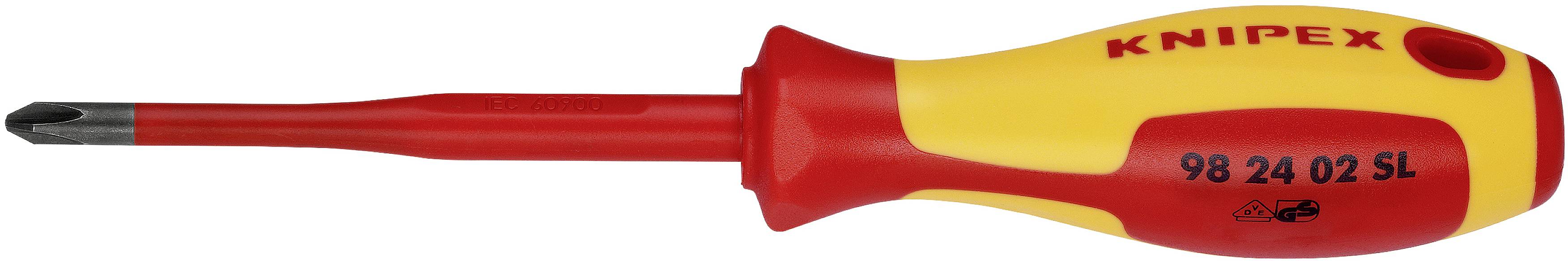 A screwdriver with a yellow and red handle, bearing the inscription 'KNIPEX' and '98 24 02 SL', suitable for cross-head screws.