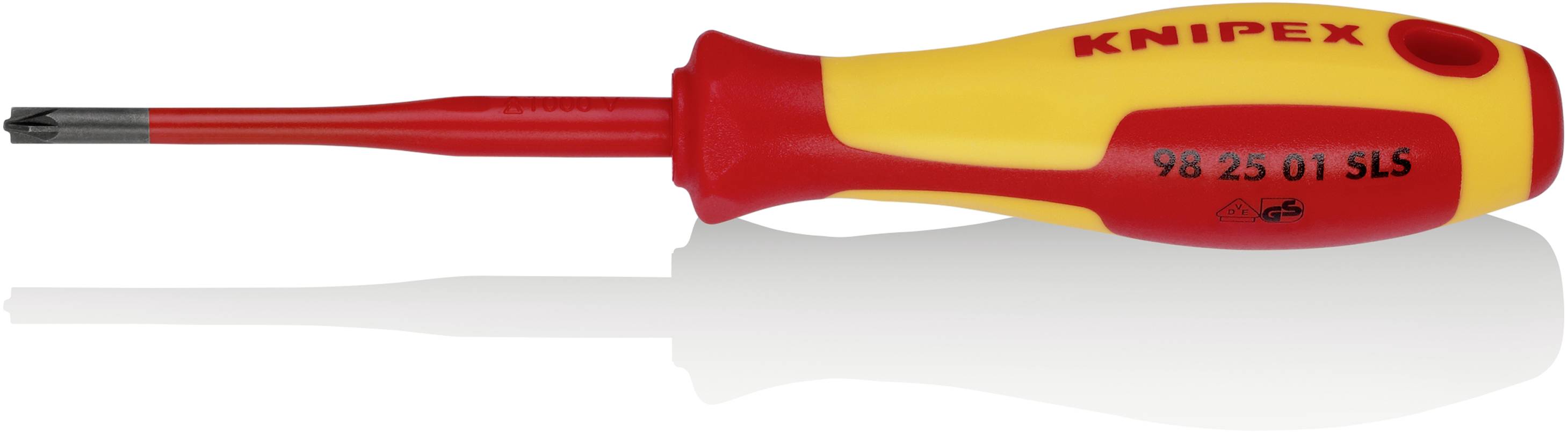 Screwdriver with yellow and red handle, marked 'KNIPEX', suitable for slotted screws, insulated for electrical work.