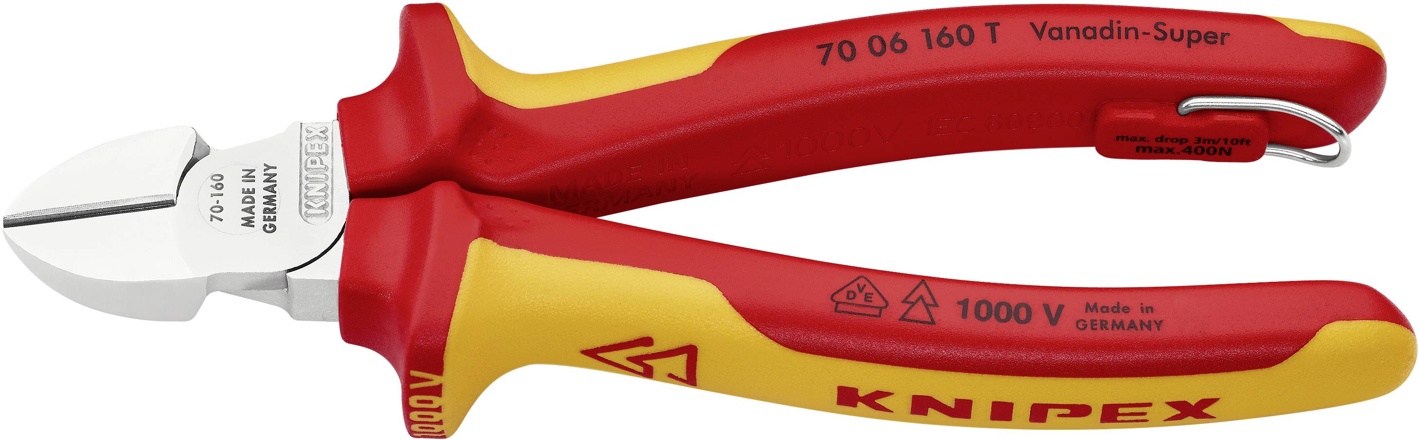 Side cutters with red and yellow insulated handle, suitable for work up to 1000 volts. Brand name and model number are visible.