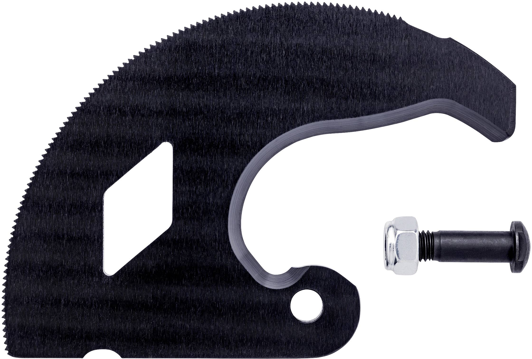 A serrated black saw blade next to a screw with a nut, presented on a white background.