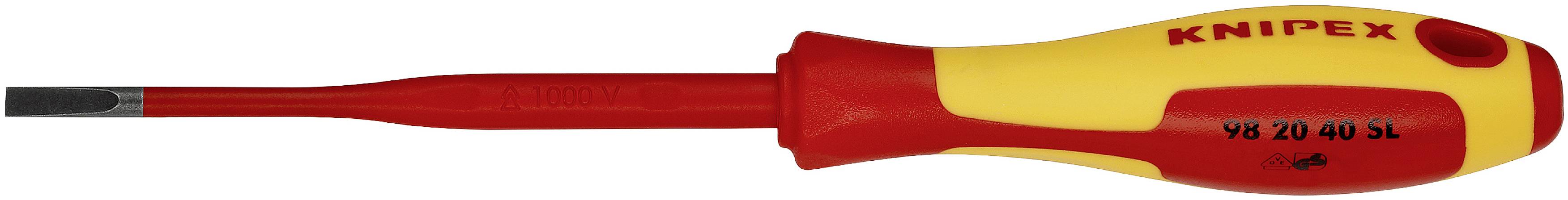 A Knipex insulated screwdriver with a red handle and yellow head, suitable for work on live electrical components.