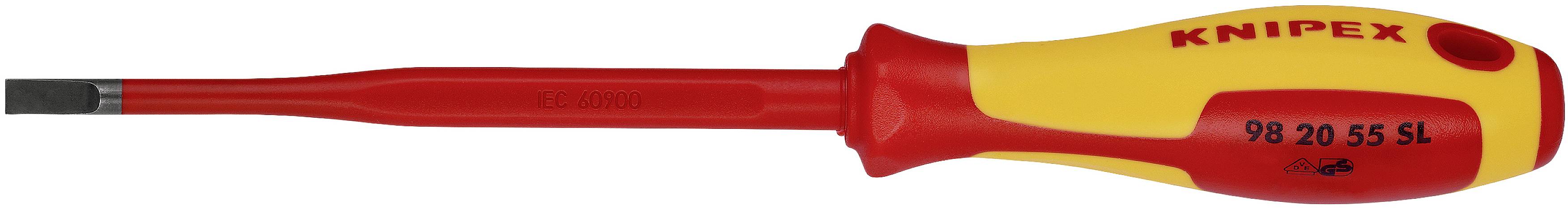 Screwdriver with insulated handle and blade. Handle in red and yellow with the inscription 