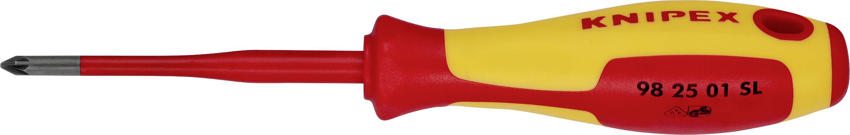 A yellow-red screwdriver with an insulated handle and black tip. On the handle it reads 'KNIPEX 98 25 01 SL'.
