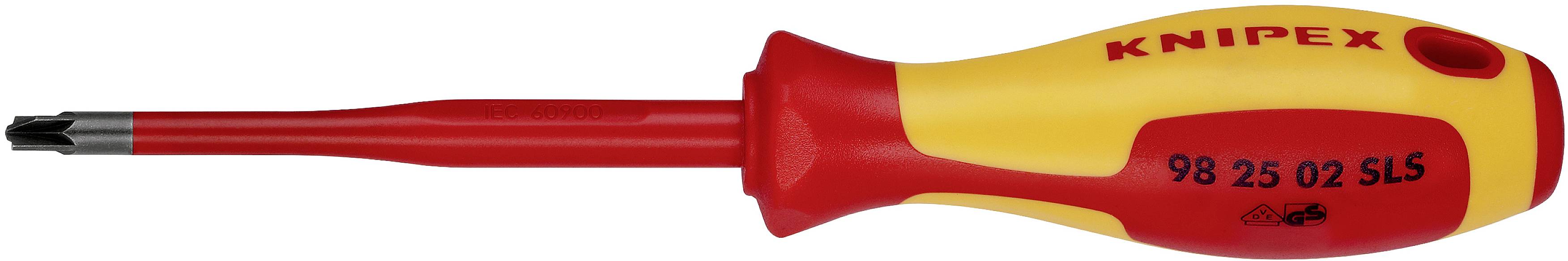 Insulated screwdriver with yellow and red handle, suitable for electrical work, marked with 'Knipex'.