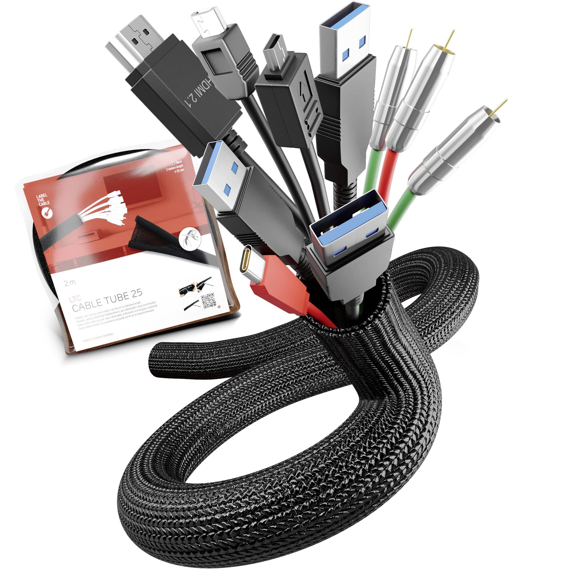 Geflochtener Kabelorganizer, der mehrere USB- und Stromstecker hält, mit Produktverpackung mit der Bezeichnung „CABLE TUBE 25