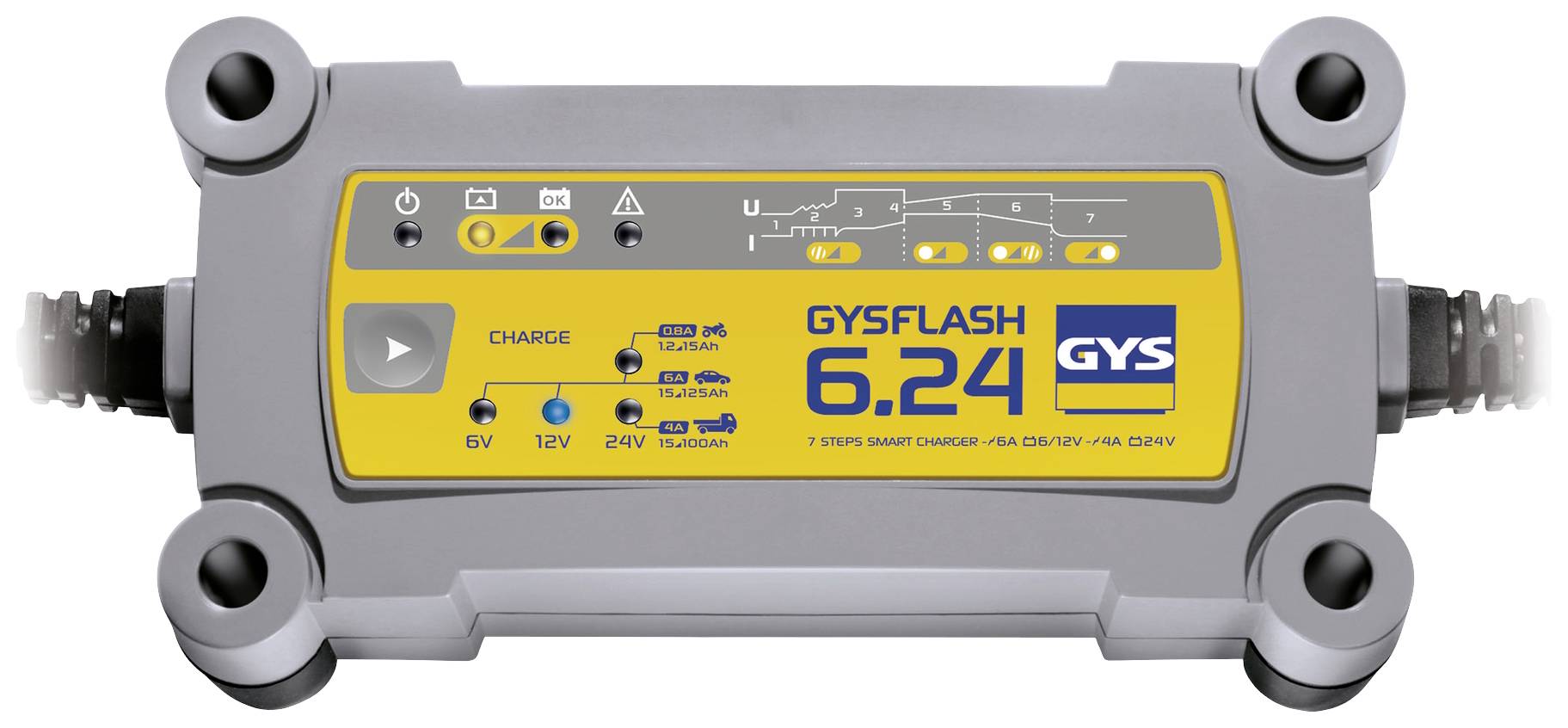 Grey and yellow battery charger with 'GYSFLASH 6.24' inscription, showing multiple mode buttons and charging status indicator.