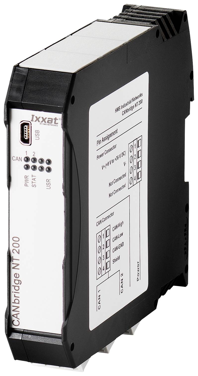 Black device 'CANbridge NT 200' with connections and labels for CAN 1 and CAN 2, along with a USB port on the front panel.