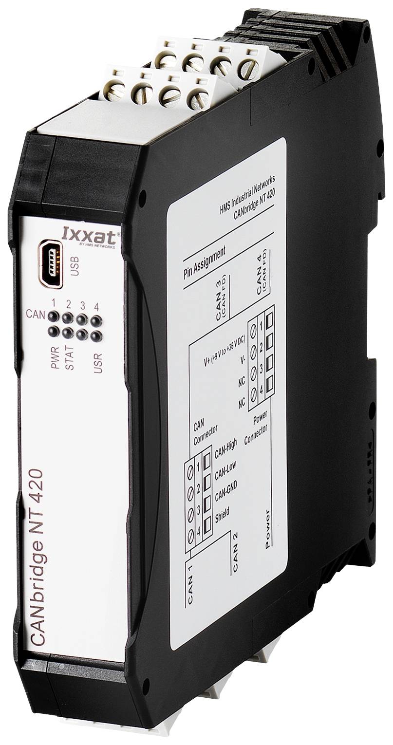 A black electronic device called the 'CANbridge NT 420' by Ixxat, showing connections and technical details on the side.
