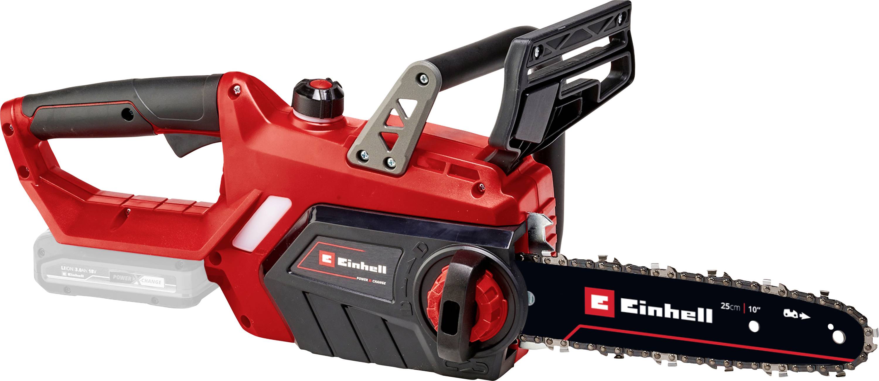 A red and black cordless chainsaw with a visible blade and handle, branded with 'Einhell', sits on a white background.