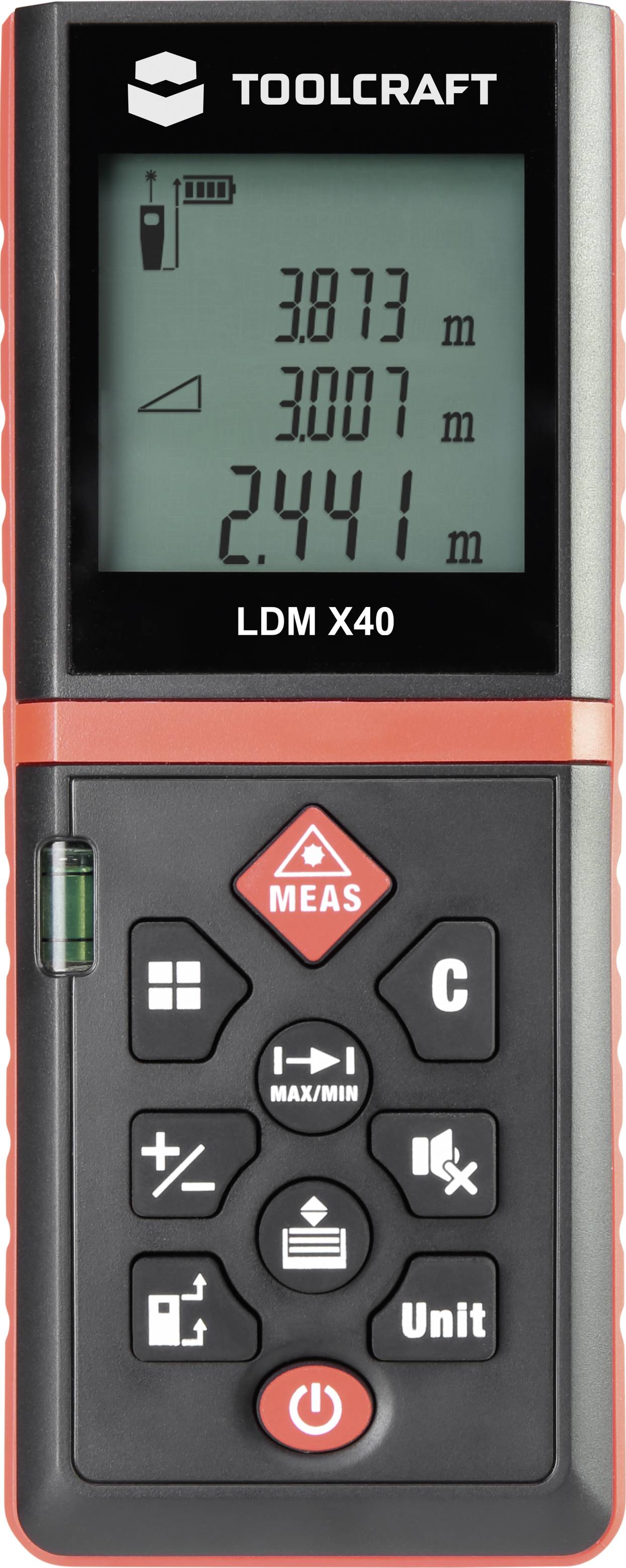 Electronic laser distance measuring device with display, showing three measurement values in metres. Operating buttons and spirit level integrated.
