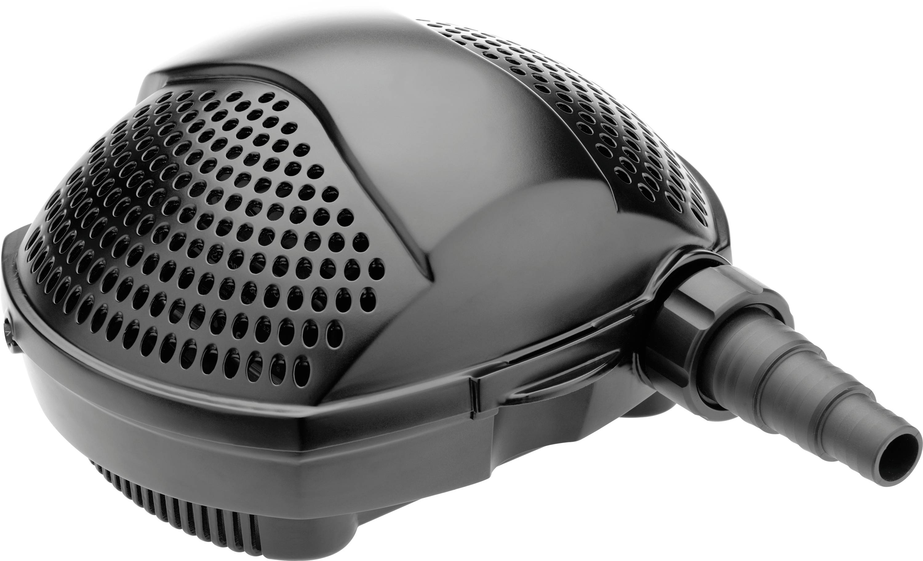 A black, rounded mechanical pump with a perforated design and hose connector, likely used for water filtration or circulation.