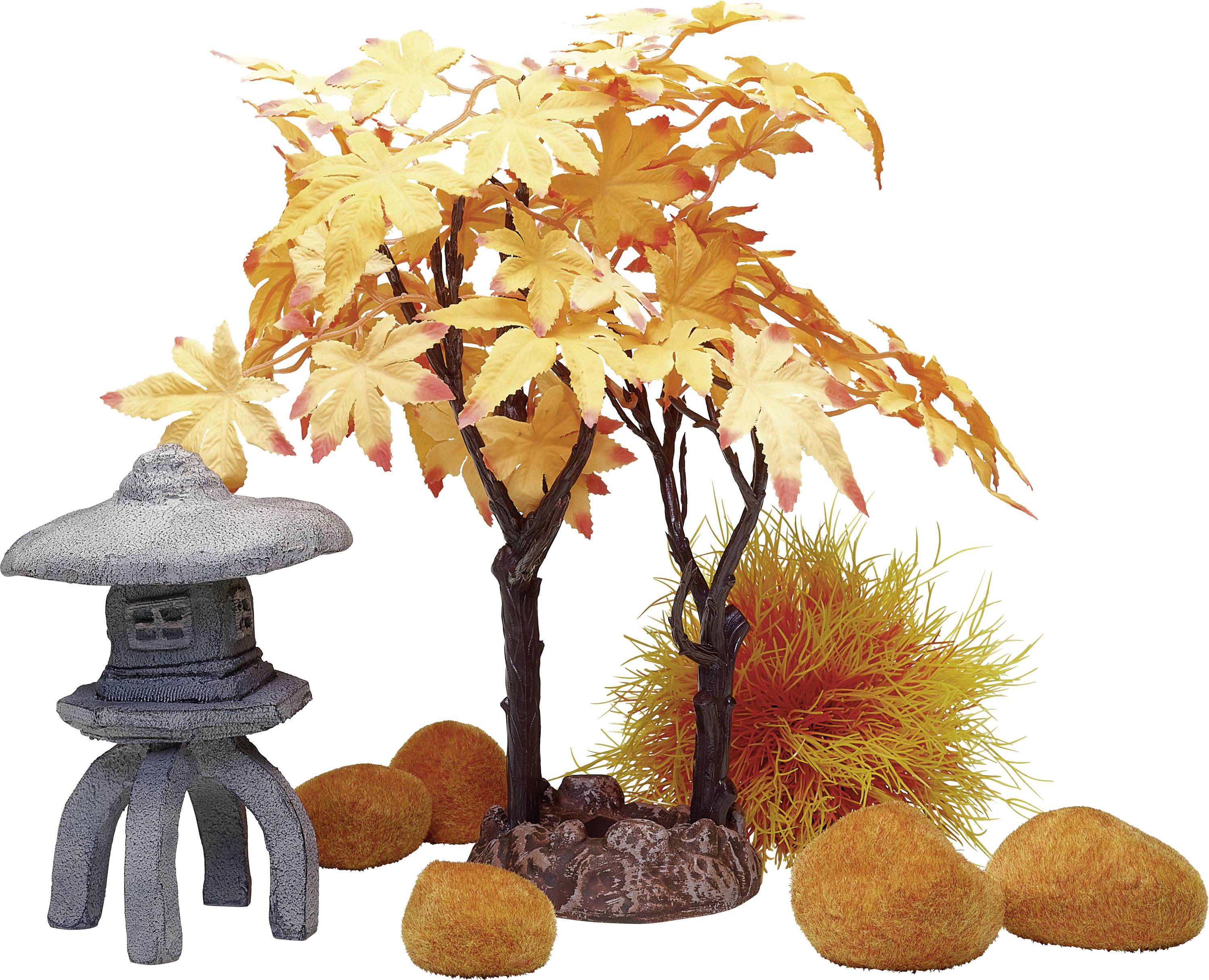 A small scale Japanese garden scene with a stone lantern, maple tree with yellow leaves, orange bushes, and rocks, representing tranquility.