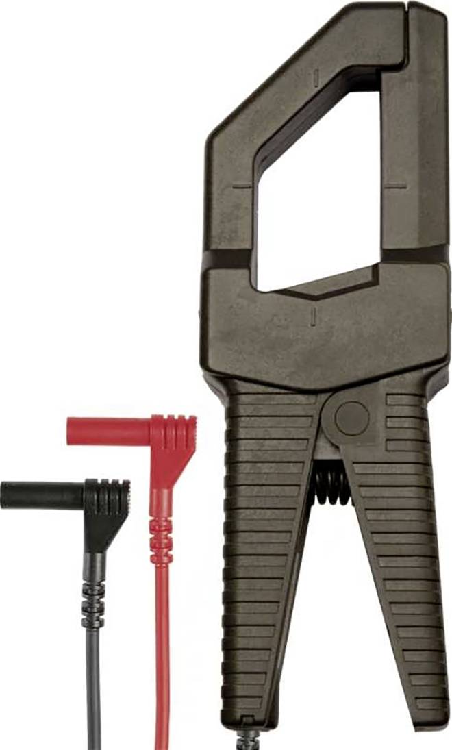 A black pair of pliers with a wide jaw, alongside red and black plugs with cables, likely an electrical testing device.