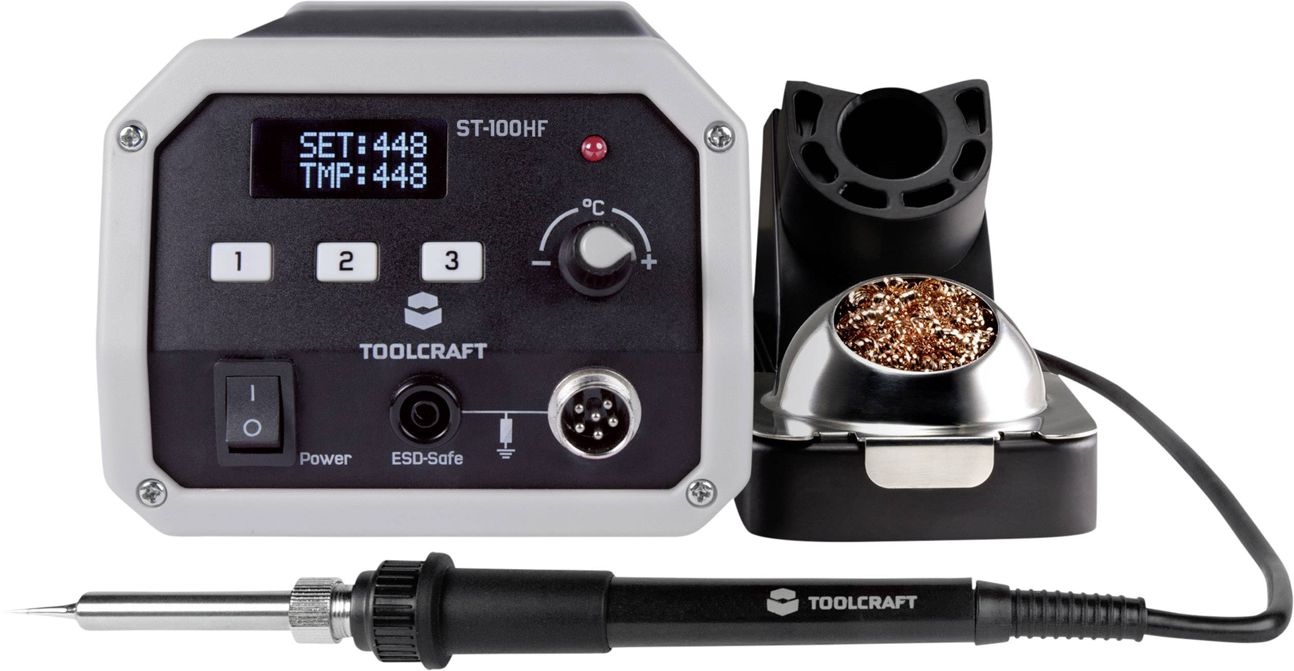 Soldering station with digital display shows 'SET:448', 'TMP:448'. Next to the display is a rotary dial and a soldering iron on a stand.