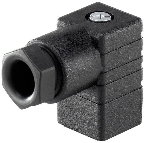 A black angular connector with a screw on top, suitable for industrial applications to ensure secure electrical connection.