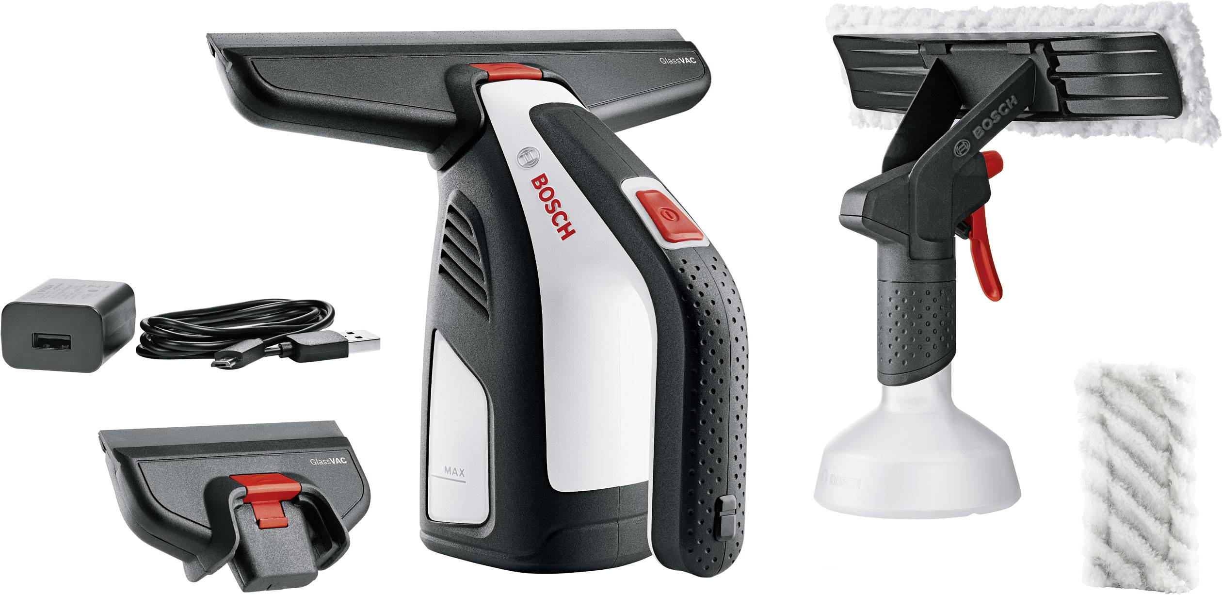 Cordless Window Vacuum Cleaner with Accessories: Main Device, Charger, Spray Bottle with Microfibre Wiper and Spare Microfibre Cloth.