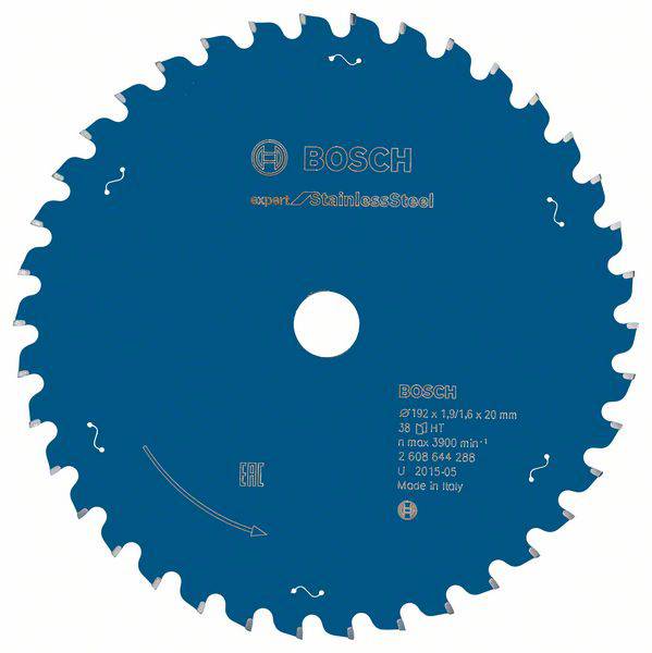 Blue circular saw blade, suitable for stainless steel. Brand name visible. 38 teeth, diameter 190 mm, bore 20 mm, manufactured in Italy.