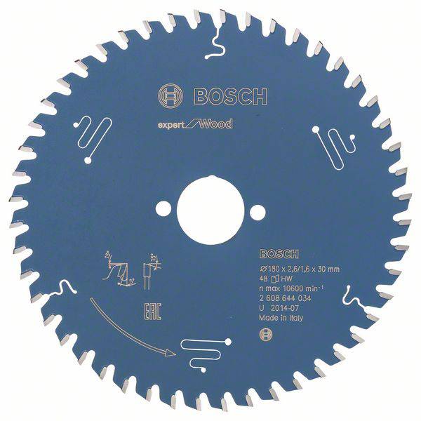 'Bosch Saw Blade for Wood,' circular, blue with teeth. Diameter 180mm, max. 16,000 rpm. Engraved logo and technical details.