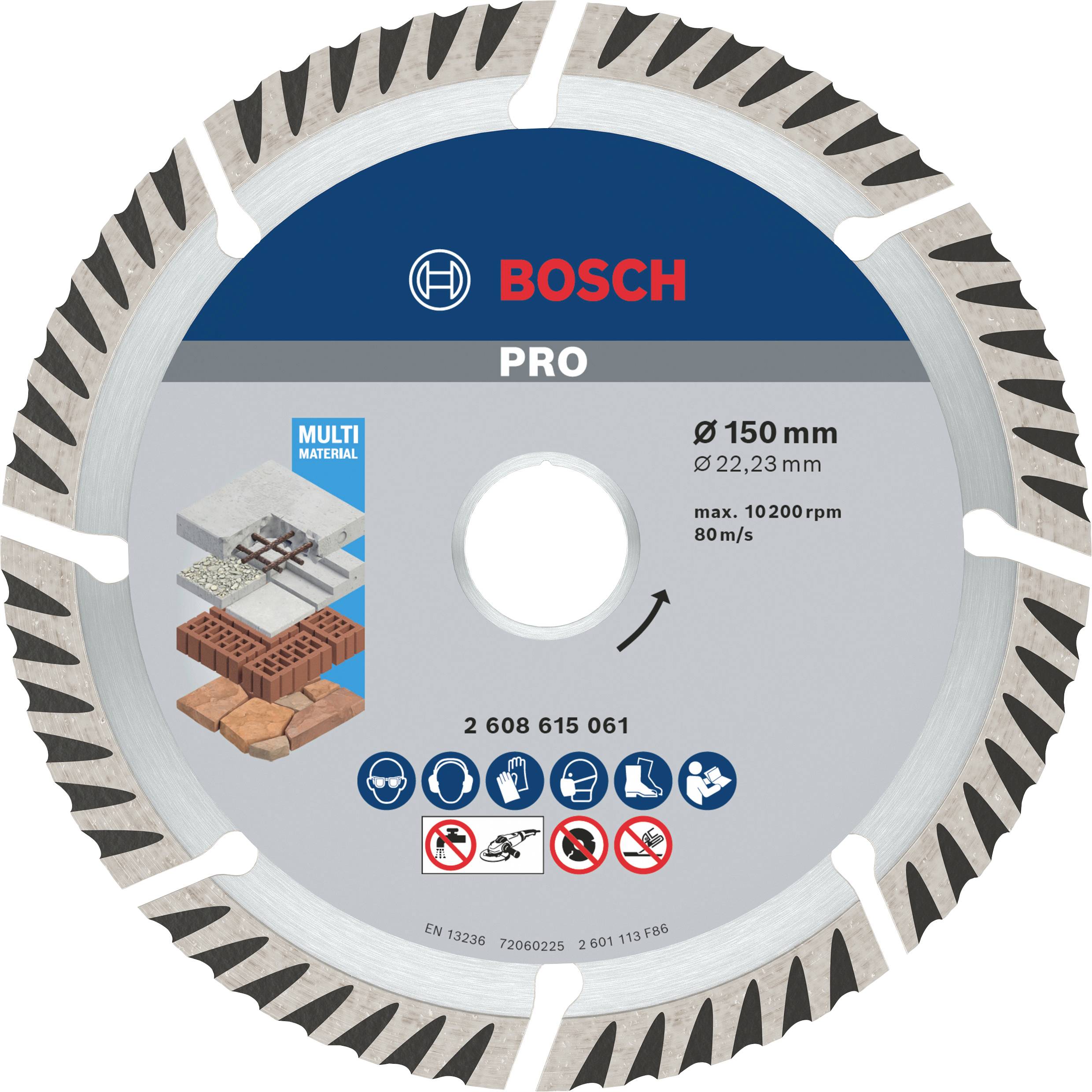 Bosch diamond cutting disc, 150 mm diameter, suitable for concrete and other materials. Maximum speed: 10,200 rpm.