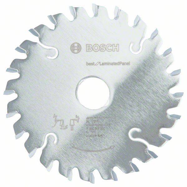 Bosch circular saw blade with 18 teeth, suitable for laminated panel. Silver colour, with manufacturer's logo and usage details.