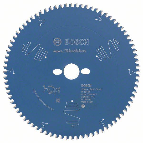 Bosch circular saw blade for aluminium with inscription 'BOSCH expert Aluminium'. Specifications: 275 x 30 mm, 80 teeth, negative rake angle.