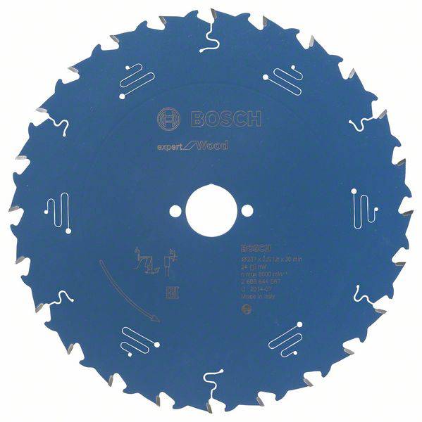 Bosch saw blade for woodworking, circular and toothed, with brand lettering and technical specifications in the centre.