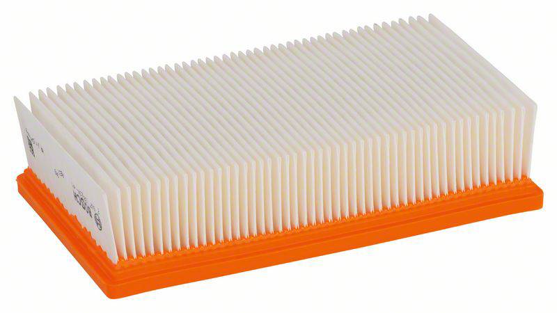 A rectangular air filter with white pleats and an orange frame.