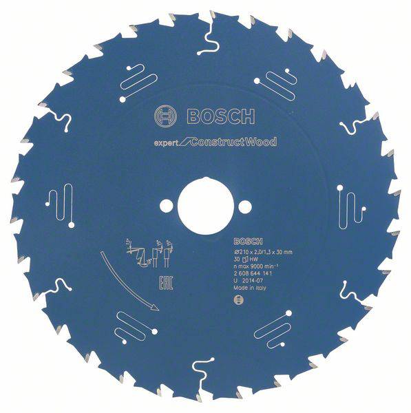 'Bosch' circular saw blade for wood, blue, with outward-facing teeth and product details in the centre.
