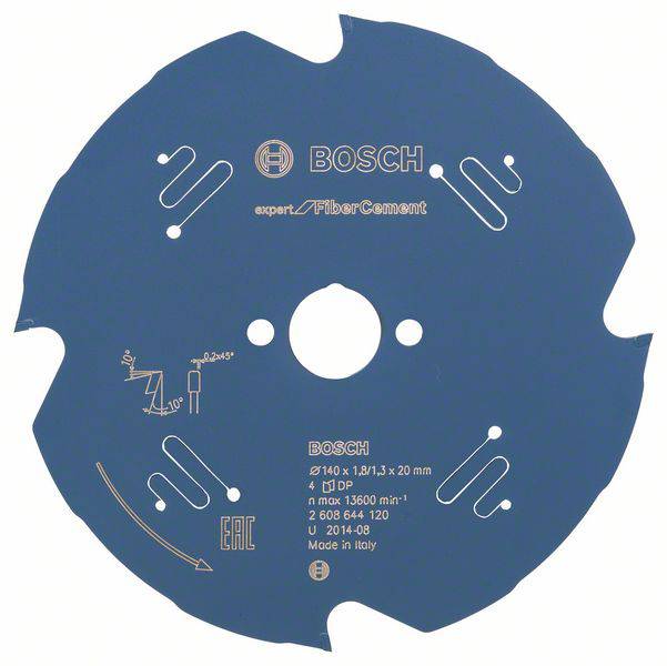 Saw blade for fibre cement, Bosch brand, diameter 140 mm, 4 teeth, markings for use and manufacturing country Germany.