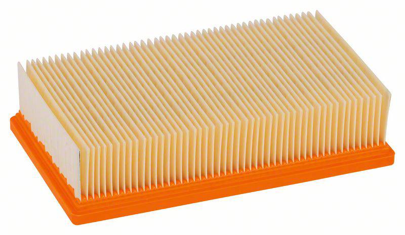 Rectangular air filter with white pleats on an orange base, designed for cleaning air in the engine compartment.