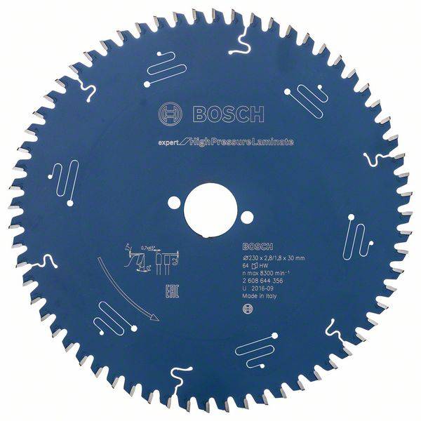 Bosch saw blade for high-pressure laminate, 64 teeth, 216 mm diameter. Suitable for precise cuts in hard materials.