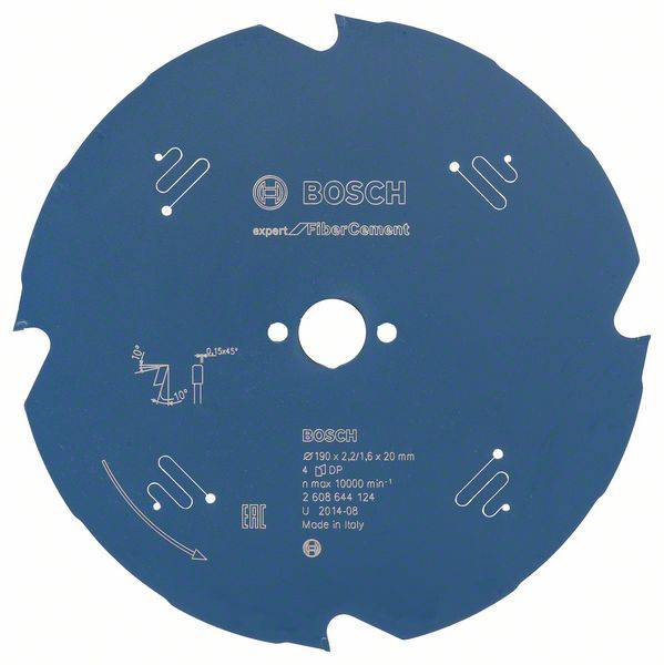 Bosch circular saw blade for fibre cement, 190 mm diameter, 20 mm bore, suitable for up to 10,000 rpm. Made in Italy.