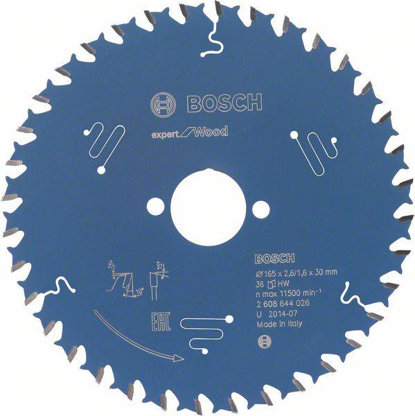 Blue Bosch circular saw blade with 'Expert for Wood' inscription, suitable for wood cutting, diameter 165 mm, manufactured in Italy.