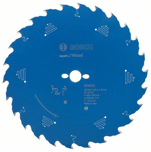A blue Bosch saw blade, specifically designed for wood ('expert for wood'), with visible teeth and technical specifications.