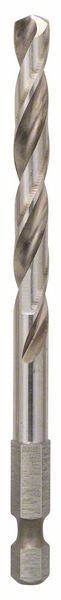 A silver spiral drill bit with a hexagonal shank, suitable for drilling into metal, wood or plastic.