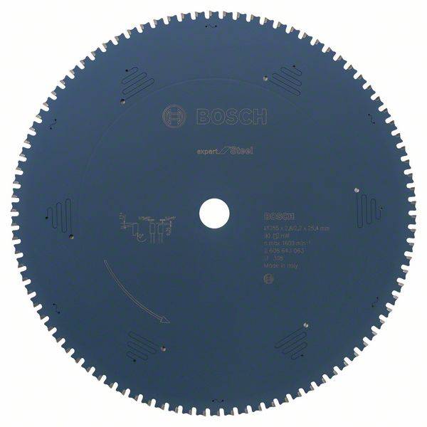 A circular saw blade with many teeth, coloured blue, with the 'Bosch' inscription and technical specifications.