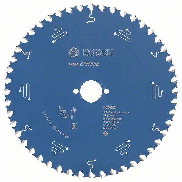 Bosch circular saw blade for woodworking, blue surface with teeth, model information and safety symbols visible.