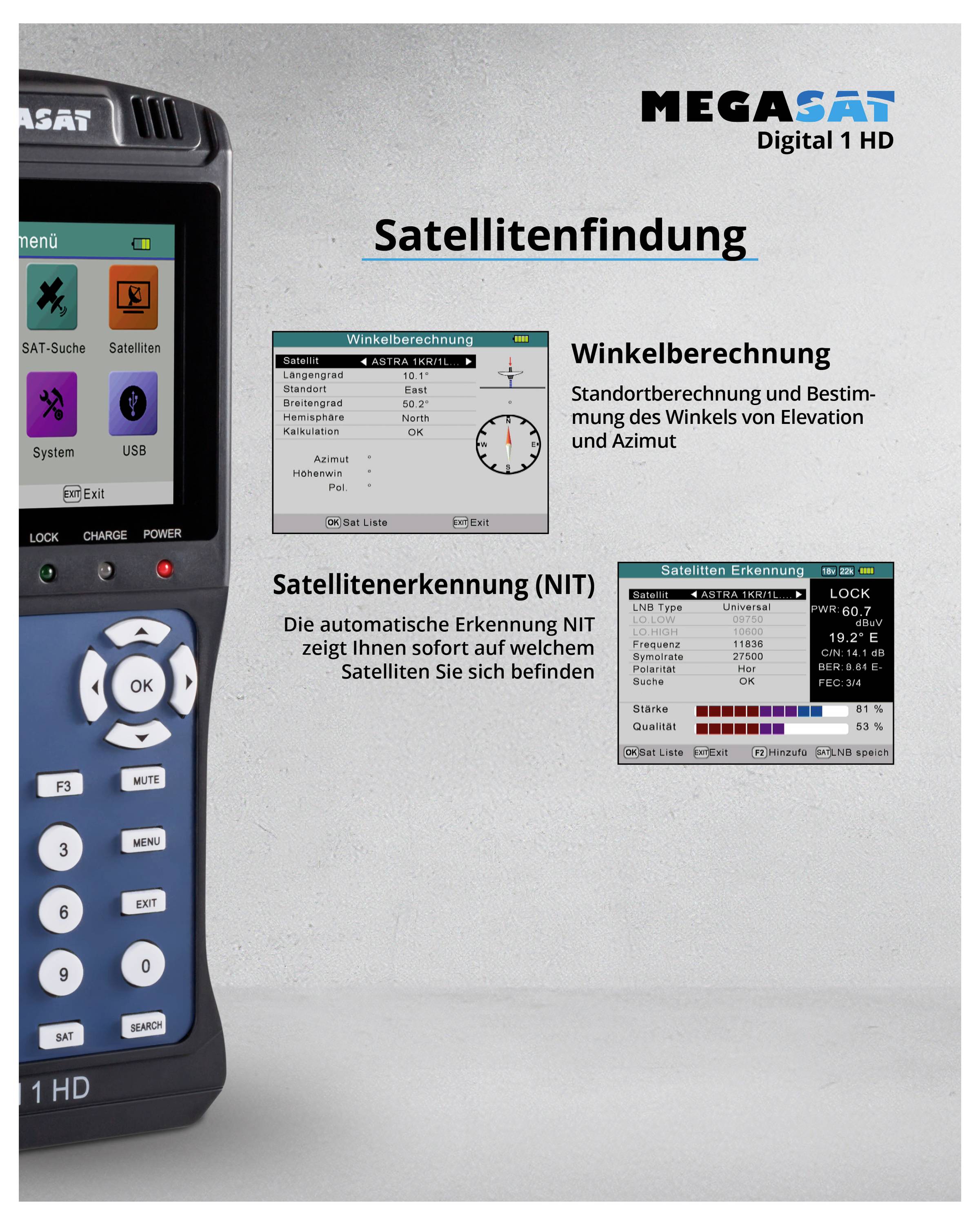 Advertisement for MegaSat Digital 1 HD Satellite Finder, focusing on angle calculation and automatic satellite detection (NIT).