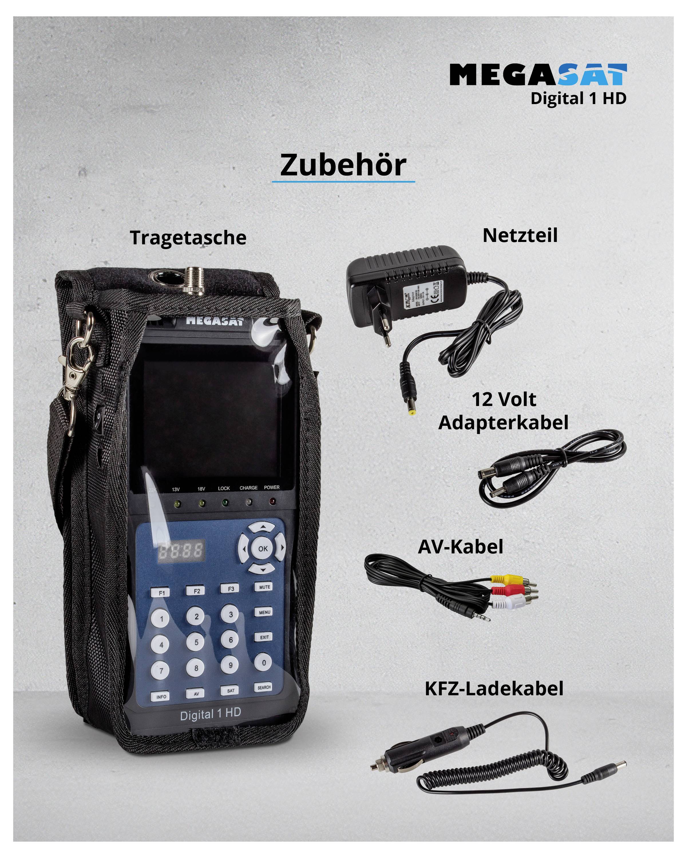 'MEGASAT Digital 1 HD' Satellite Finder with Carry Case; Accessories: Power Supply, 12 Volt Adapter Cable, AV Cable, Car Charging Cable.