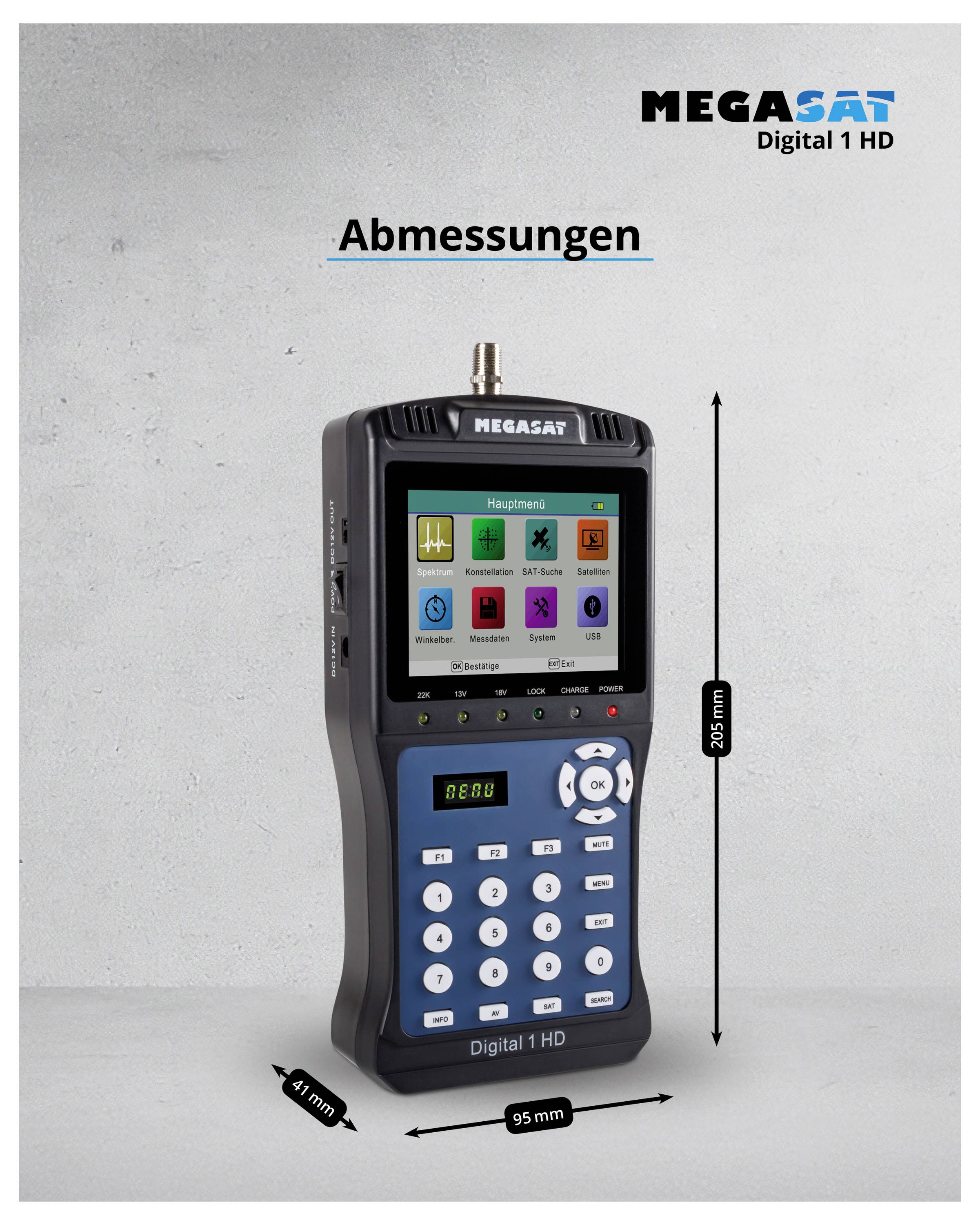 Entry of a Megasat Digital 1 HD measuring device. Left side shows the device from the front with display and keypad. Dimensions: 200 mm height, 95 mm width, 47 mm depth.